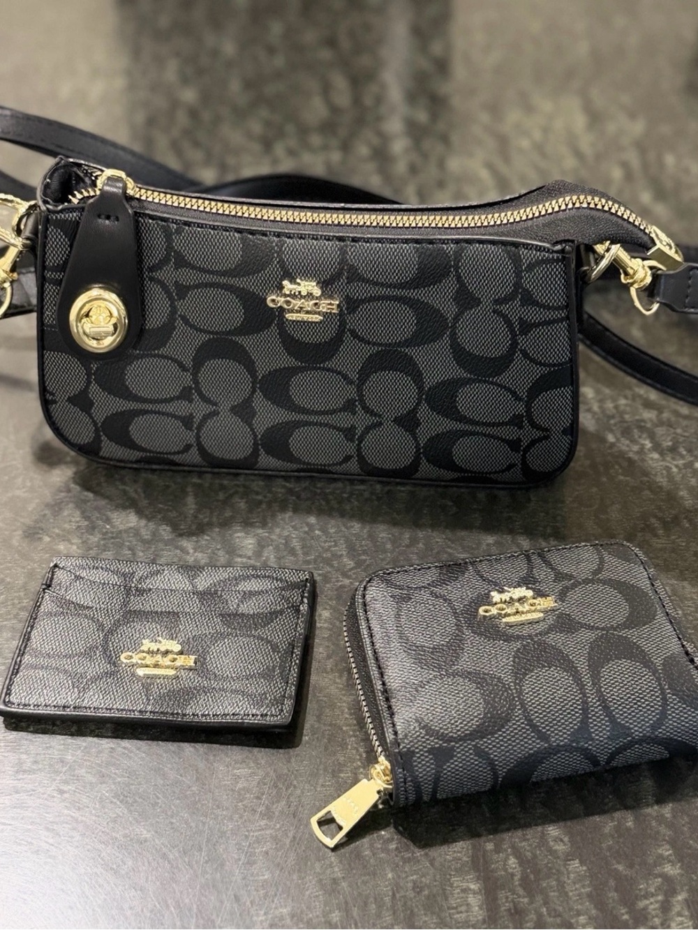 Coach Signature Logo Black/Gray Small Crossbody Bag Zip w/ Wallet & Cardholder
